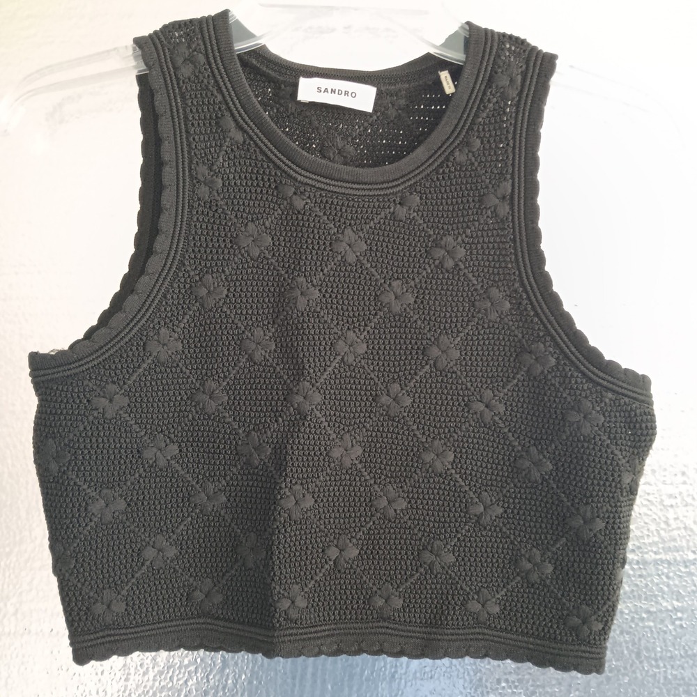 Sandro Salerio Pointelle Knit Crop Top Womens 3 Black NWT Sleeveless Black $236 - Picture 1 of 8